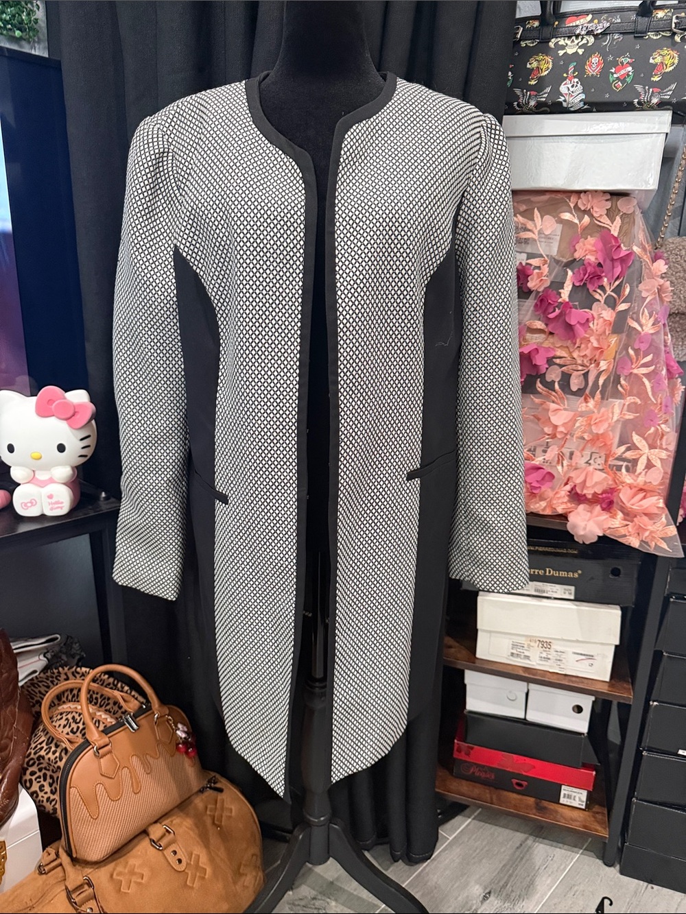 Textured Black and White Long Open Blazer